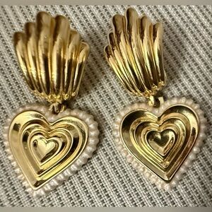 Chunky Gold Tone Heart Drop Earrings with white trim